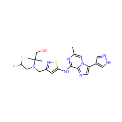 Cc1cn2c(-c3cn[nH]c3)cnc2c(Nc2cc(CN(CC(F)F)C(C)(C)CO)ns2)n1 ZINC000066100055