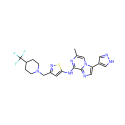 Cc1cn2c(-c3cn[nH]c3)cnc2c(Nc2cc(CN3CCC(C(F)(F)F)CC3)ns2)n1 ZINC000043201981