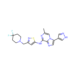 Cc1cn2c(-c3cn[nH]c3)cnc2c(Nc2cc(CN3CCC(F)(F)CC3)ns2)n1 ZINC000066112266