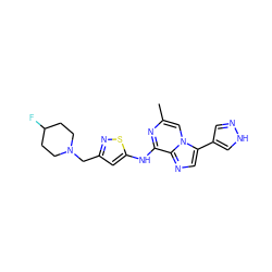 Cc1cn2c(-c3cn[nH]c3)cnc2c(Nc2cc(CN3CCC(F)CC3)ns2)n1 ZINC000066112265