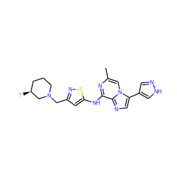 Cc1cn2c(-c3cn[nH]c3)cnc2c(Nc2cc(CN3CCC[C@H](F)C3)ns2)n1 ZINC000066112267