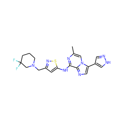 Cc1cn2c(-c3cn[nH]c3)cnc2c(Nc2cc(CN3CCCC(F)(F)C3)ns2)n1 ZINC000066112507