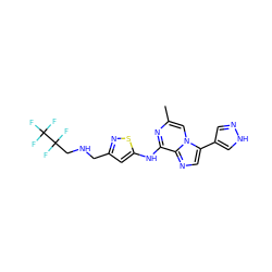 Cc1cn2c(-c3cn[nH]c3)cnc2c(Nc2cc(CNCC(F)(F)C(F)(F)F)ns2)n1 ZINC000066103923