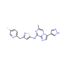 Cc1cn2c(-c3cn[nH]c3)cnc2c(Nc2cc(Cc3ccc(F)cn3)ns2)n1 ZINC000144488698