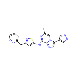 Cc1cn2c(-c3cn[nH]c3)cnc2c(Nc2cc(Cc3ccccn3)ns2)n1 ZINC000144515904