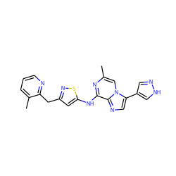 Cc1cn2c(-c3cn[nH]c3)cnc2c(Nc2cc(Cc3ncccc3C)ns2)n1 ZINC000144515649