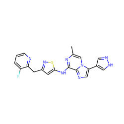 Cc1cn2c(-c3cn[nH]c3)cnc2c(Nc2cc(Cc3ncccc3F)ns2)n1 ZINC000144455488