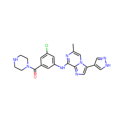 Cc1cn2c(-c3cn[nH]c3)cnc2c(Nc2cc(Cl)cc(C(=O)N3CCNCC3)c2)n1 ZINC000072125122