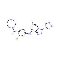 Cc1cn2c(-c3cn[nH]c3)cnc2c(Nc2ccc(C(=O)N3CCCNCC3)c(Cl)c2)n1 ZINC000072125792