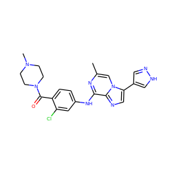 Cc1cn2c(-c3cn[nH]c3)cnc2c(Nc2ccc(C(=O)N3CCN(C)CC3)c(Cl)c2)n1 ZINC000072122829