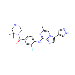 Cc1cn2c(-c3cn[nH]c3)cnc2c(Nc2ccc(C(=O)N3CCNCC3(C)C)cc2F)n1 ZINC000072123503