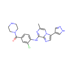 Cc1cn2c(-c3cn[nH]c3)cnc2c(Nc2ccc(C(=O)N3CCNCC3)cc2Cl)n1 ZINC000072125070