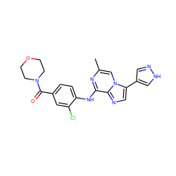 Cc1cn2c(-c3cn[nH]c3)cnc2c(Nc2ccc(C(=O)N3CCOCC3)cc2Cl)n1 ZINC000072124781