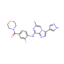 Cc1cn2c(-c3cn[nH]c3)cnc2c(Nc2ccc(C(=O)N3CCOCC3)cc2F)n1 ZINC000072123421