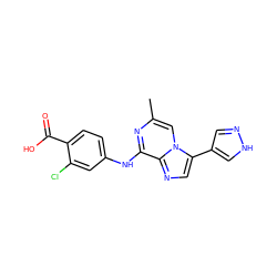 Cc1cn2c(-c3cn[nH]c3)cnc2c(Nc2ccc(C(=O)O)c(Cl)c2)n1 ZINC000072123238