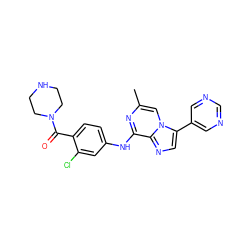 Cc1cn2c(-c3cncnc3)cnc2c(Nc2ccc(C(=O)N3CCNCC3)c(Cl)c2)n1 ZINC000072123545