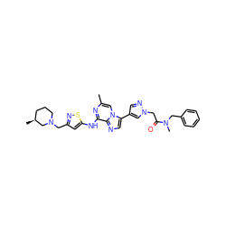 Cc1cn2c(-c3cnn(CC(=O)N(C)Cc4ccccc4)c3)cnc2c(Nc2cc(CN3CCC[C@H](C)C3)ns2)n1 ZINC000084635996