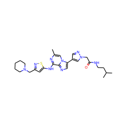 Cc1cn2c(-c3cnn(CC(=O)NCCC(C)C)c3)cnc2c(Nc2cc(CN3CCCCC3)ns2)n1 ZINC000084616987