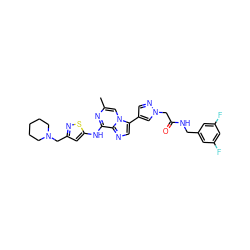 Cc1cn2c(-c3cnn(CC(=O)NCc4cc(F)cc(F)c4)c3)cnc2c(Nc2cc(CN3CCCCC3)ns2)n1 ZINC000084616745