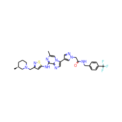 Cc1cn2c(-c3cnn(CC(=O)NCc4ccc(C(F)(F)F)cc4)c3)cnc2c(Nc2cc(CN3CCC[C@H](C)C3)ns2)n1 ZINC000084617263