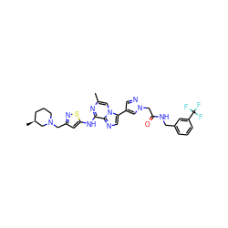 Cc1cn2c(-c3cnn(CC(=O)NCc4cccc(C(F)(F)F)c4)c3)cnc2c(Nc2cc(CN3CCC[C@H](C)C3)ns2)n1 ZINC000084617259