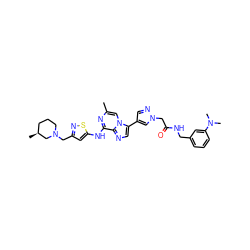 Cc1cn2c(-c3cnn(CC(=O)NCc4cccc(N(C)C)c4)c3)cnc2c(Nc2cc(CN3CCC[C@H](C)C3)ns2)n1 ZINC000084634994