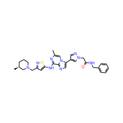 Cc1cn2c(-c3cnn(CC(=O)NCc4ccccc4)c3)cnc2c(Nc2cc(CN3CCC[C@H](C)C3)ns2)n1 ZINC000084635987