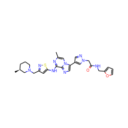 Cc1cn2c(-c3cnn(CC(=O)NCc4ccco4)c3)cnc2c(Nc2cc(CN3CCC[C@H](C)C3)ns2)n1 ZINC000084632192