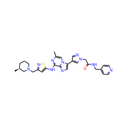 Cc1cn2c(-c3cnn(CC(=O)NCc4ccncc4)c3)cnc2c(Nc2cc(CN3CCC[C@H](C)C3)ns2)n1 ZINC000084632182