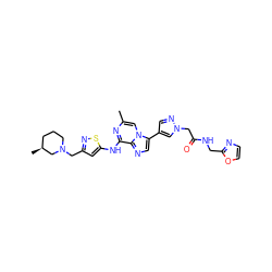 Cc1cn2c(-c3cnn(CC(=O)NCc4ncco4)c3)cnc2c(Nc2cc(CN3CCC[C@H](C)C3)ns2)n1 ZINC000084632187