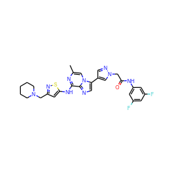 Cc1cn2c(-c3cnn(CC(=O)Nc4cc(F)cc(F)c4)c3)cnc2c(Nc2cc(CN3CCCCC3)ns2)n1 ZINC000084632796