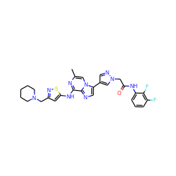 Cc1cn2c(-c3cnn(CC(=O)Nc4cccc(F)c4F)c3)cnc2c(Nc2cc(CN3CCCCC3)ns2)n1 ZINC000084632793