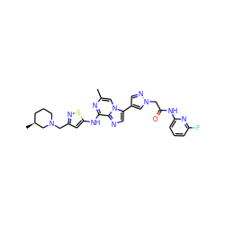 Cc1cn2c(-c3cnn(CC(=O)Nc4cccc(F)n4)c3)cnc2c(Nc2cc(CN3CCC[C@H](C)C3)ns2)n1 ZINC000084632860