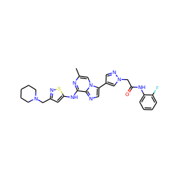 Cc1cn2c(-c3cnn(CC(=O)Nc4ccccc4F)c3)cnc2c(Nc2cc(CN3CCCCC3)ns2)n1 ZINC000084596644