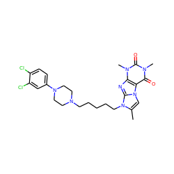 Cc1cn2c3c(=O)n(C)c(=O)n(C)c3nc2n1CCCCCN1CCN(c2ccc(Cl)c(Cl)c2)CC1 ZINC000299863769