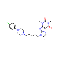 Cc1cn2c3c(=O)n(C)c(=O)n(C)c3nc2n1CCCCCN1CCN(c2ccc(Cl)cc2)CC1 ZINC000299866709