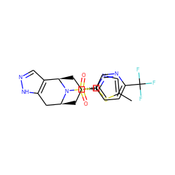 Cc1cnc([C@@H]2C[C@H]3Cc4[nH]ncc4[C@@H](C2)N3S(=O)(=O)c2ccc(C(F)(F)F)nc2)s1 ZINC000072122695