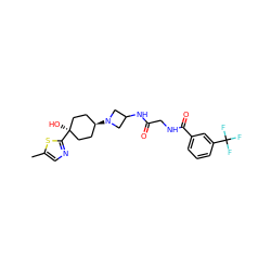 Cc1cnc([C@]2(O)CC[C@H](N3CC(NC(=O)CNC(=O)c4cccc(C(F)(F)F)c4)C3)CC2)s1 ZINC000101588058
