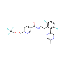 Cc1cnc(-c2c(F)ccc(F)c2CCNC(=O)c2ccc(COCC(F)(F)F)nc2)cn1 ZINC000095563897