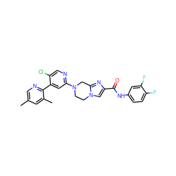 Cc1cnc(-c2cc(N3CCn4cc(C(=O)Nc5ccc(F)c(F)c5)nc4C3)ncc2Cl)c(C)c1 ZINC000169342750