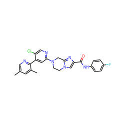 Cc1cnc(-c2cc(N3CCn4cc(C(=O)Nc5ccc(F)cc5)nc4C3)ncc2Cl)c(C)c1 ZINC000149868418