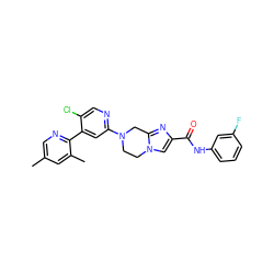 Cc1cnc(-c2cc(N3CCn4cc(C(=O)Nc5cccc(F)c5)nc4C3)ncc2Cl)c(C)c1 ZINC000169342747