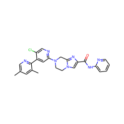 Cc1cnc(-c2cc(N3CCn4cc(C(=O)Nc5ccccn5)nc4C3)ncc2Cl)c(C)c1 ZINC000169342753