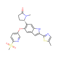 Cc1cnc(-c2cc3cc(Oc4ccc(S(C)(=O)=O)nc4)c([C@@H]4CCC(=O)N4C)cc3[nH]2)s1 ZINC001772615486