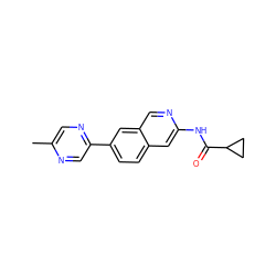 Cc1cnc(-c2ccc3cc(NC(=O)C4CC4)ncc3c2)cn1 ZINC000169699991