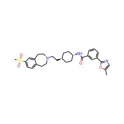 Cc1cnc(-c2cccc(C(=O)N[C@H]3CC[C@H](CCN4CCc5ccc(S(C)(=O)=O)cc5CC4)CC3)c2)o1 ZINC000253848654