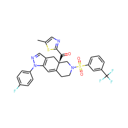 Cc1cnc(C(=O)[C@]23Cc4cnn(-c5ccc(F)cc5)c4C=C2CCN(S(=O)(=O)c2cccc(C(F)(F)F)c2)C3)s1 ZINC000141981185