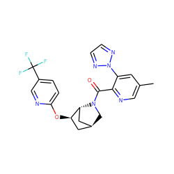 Cc1cnc(C(=O)N2C[C@H]3C[C@@H](Oc4ccc(C(F)(F)F)cn4)[C@H]2C3)c(-n2nccn2)c1 ZINC000218547914