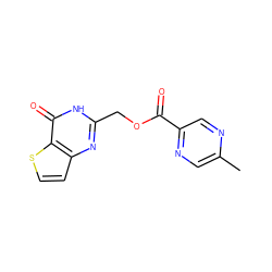 Cc1cnc(C(=O)OCc2nc3ccsc3c(=O)[nH]2)cn1 ZINC000005171681