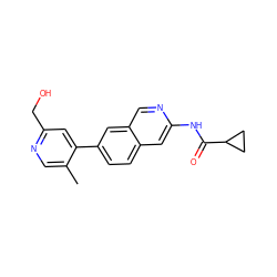 Cc1cnc(CO)cc1-c1ccc2cc(NC(=O)C3CC3)ncc2c1 ZINC000144317218